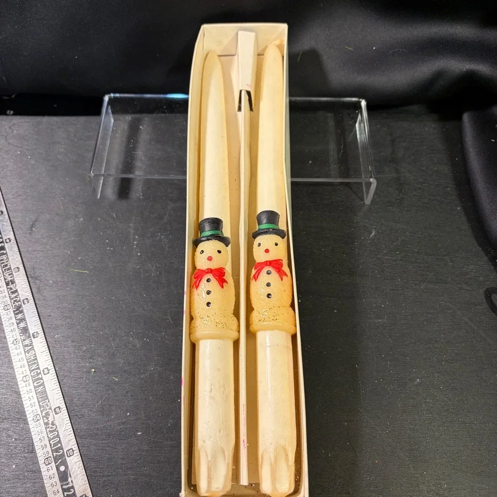 Vintage Snowman Taper Candles Pair Wax Holiday Decor White Red Green 12 Inch